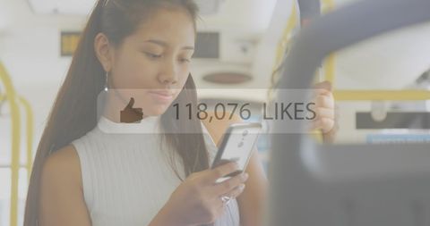 Social Media Engagement Asian Woman Smartphone Bus