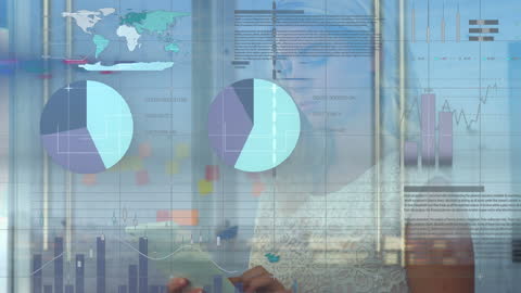 Businesswoman Analyzing Abstract Financial Data Visualizations