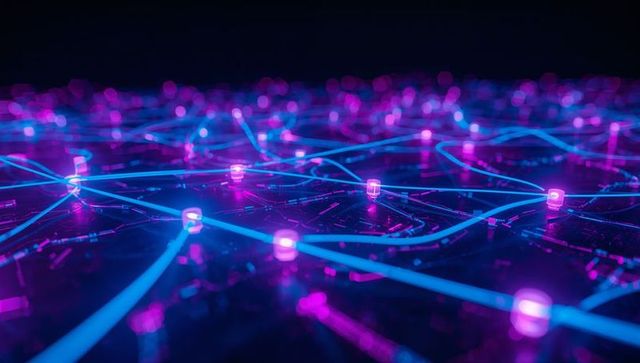 Glowing Network Nodes with Neon Lines on Circuit Board