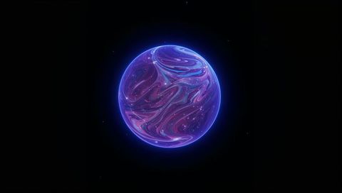 Glowing marbled orb floating in cosmic void with neon-blue halo and nebula swirls