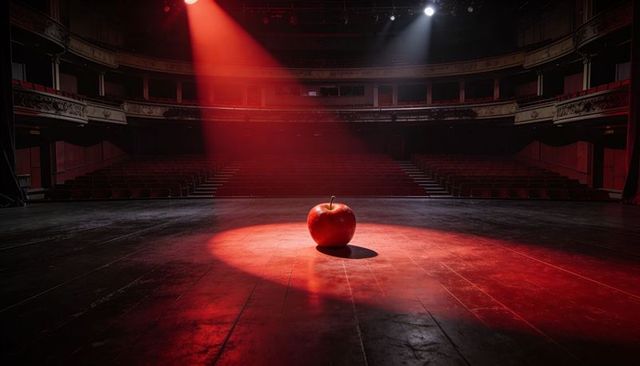 Lone red apple on empty theater stage under dramatic spotlight with balcony auditorium