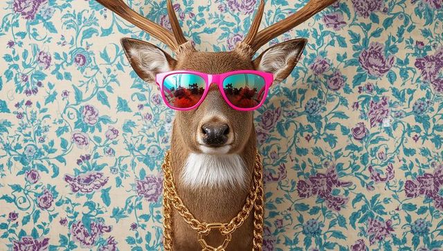Trendy mounted deer wearing pink sunglasses and gold chains on vintage floral wallpaper