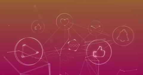 Neon social media network icons connecting with glowing lines on pink to orange gradient