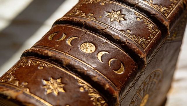 Antique leather book spine with gilt lunar motifs and raised bands catching golden light