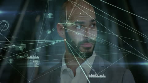 Businessman with Digital Network Overlay in High-Tech Office