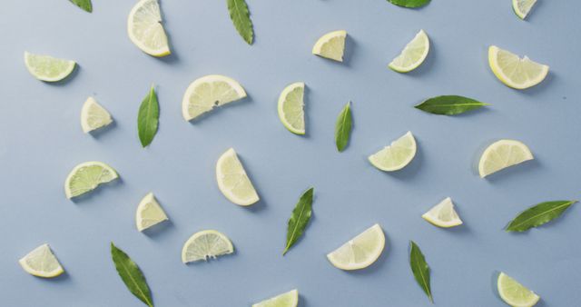 Sliced green lemons scattered with green leaves on a pastel blue background, showcasing freshness and simplicity. Ideal for food and beverage advertisements, healthy eating campaigns, organic product promotions, and background designs for websites or presentations requiring a fresh, clean look.