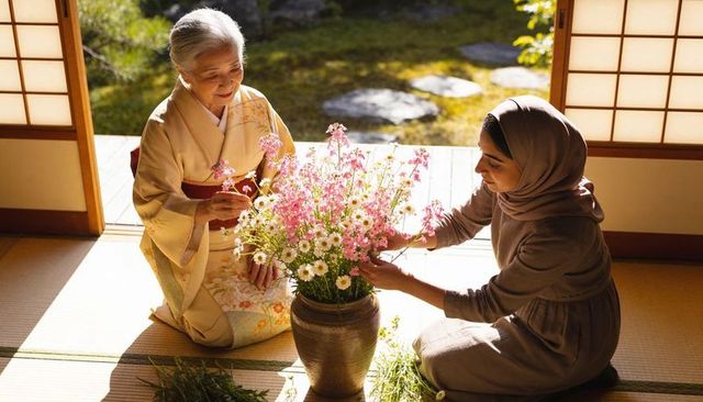Intergenerational ikebana mentoring: elder in kimono teaching woman in hijab on tatami