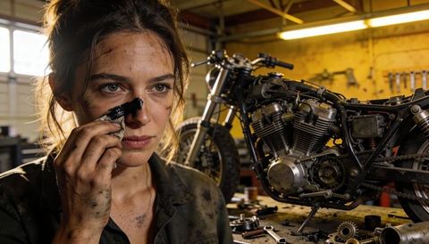 Female mechanic wiping grease from face in motorcycle workshop during engine repair
