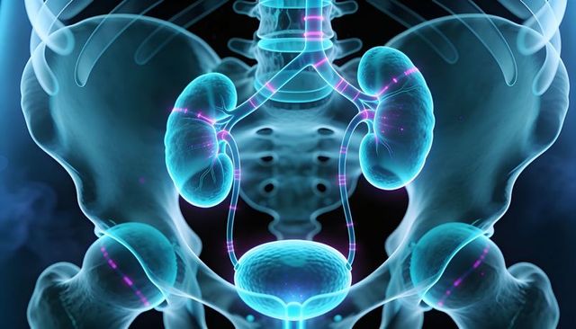 Glowing urinary system highlighting kidneys, ureters and bladder within pelvic skeleton