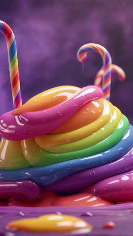 Vertical Rainbow Liquid Mound Pulsing with Glossy Dripping Candy Canes for Social Videos