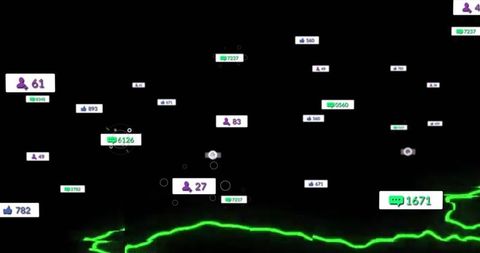 Digital analytics display with floating icons and neon green waveform