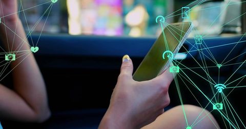 Woman Using Smartphone in Car Surrounded by Connectivity Icons - Download Free Stock Images Pikwizard.com
