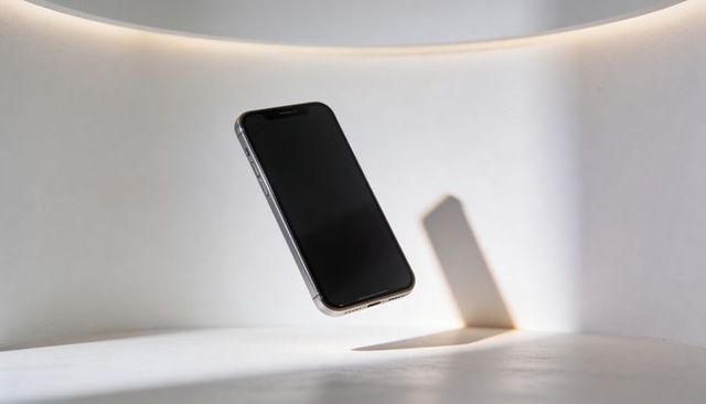 Floating modern smartphone casting dramatic shadow on minimalist curved white backdrop
