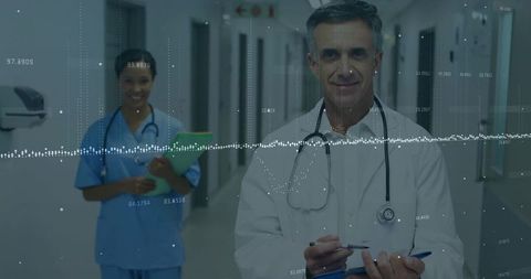 Senior doctor and nurse collaborating in corridor with healthcare data analytics overlay