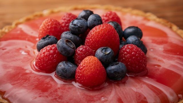 Glistening berry tart featuring strawberries blueberries and raspberry glaze closeup