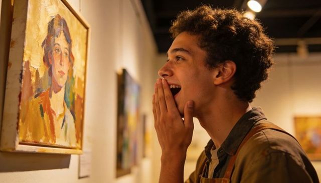 Teen artist reacting with surprise while viewing framed oil portrait in warm gallery light