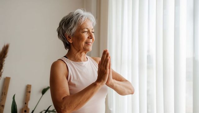 Mature woman practicing morning yoga by window with sheer curtains, mindfulness and calm