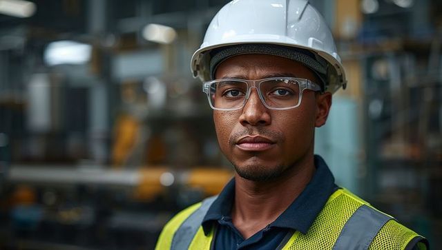 Confident african american worker wearing safety gear at industrial factory