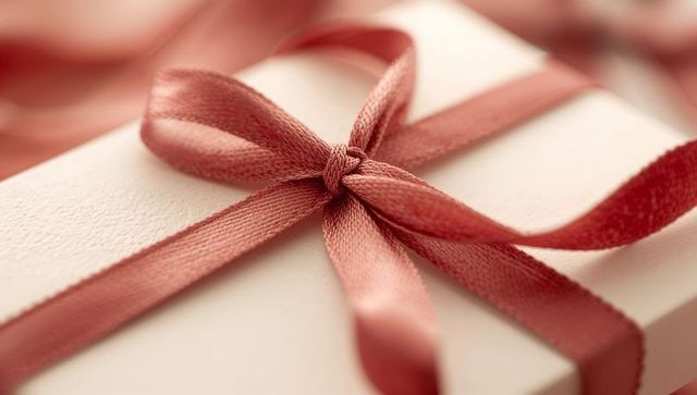 Dusty Rose Satin Ribbon Bow Featuring Macro View of Luxury Off-White Gift Box