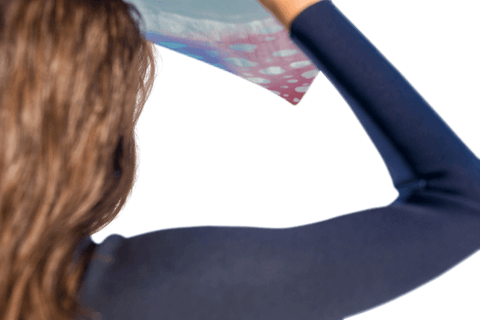 Transparent background caucasian woman holding up coloful cloth