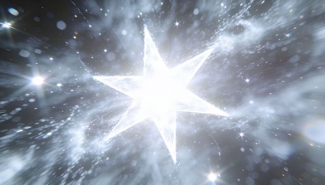 Radiating six-point starburst emitting nebula beams and lens flares in cosmic space
