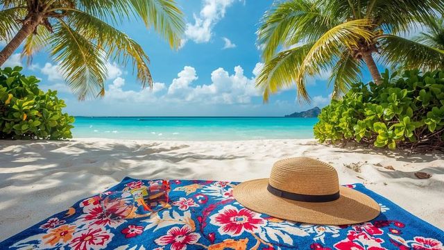 Sunny tropical beach scene with hat and sunglasses on floral towel