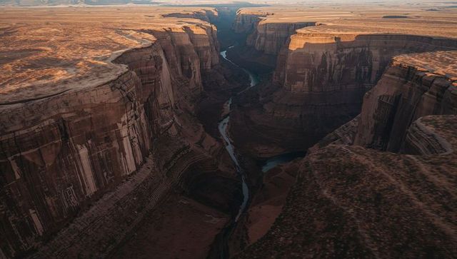Sunlit winding canyon carving deep sandstone plateau at golden hour aerial vista