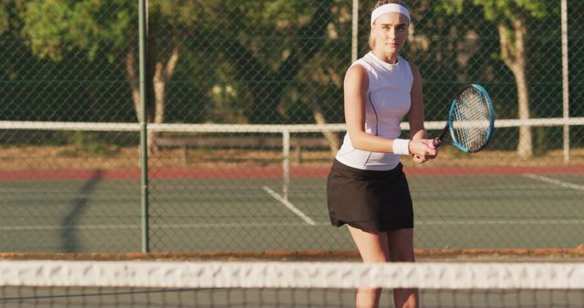 Image of focused caucasian female tennis player holding racket and hitting ball. professional tennis training, sport and competition concept.