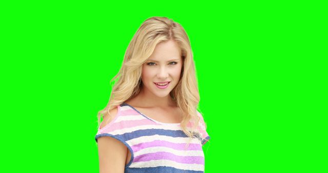 Smiling Blonde Woman in Colorful Striped T-Shirt on Green Screen - Download Free Stock Images Pikwizard.com