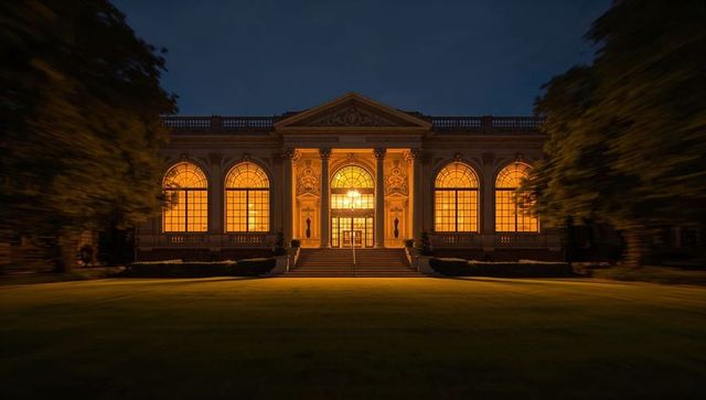 Neoclassical facade glowing at night, symmetrical portico with columns, pediment and steps