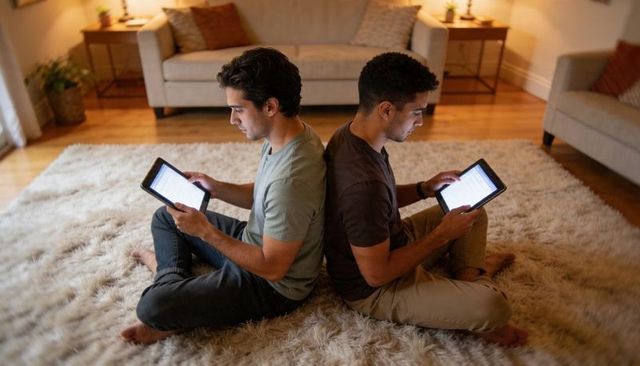Two men sitting back-to-back using tablets on plush rug in cozy living room