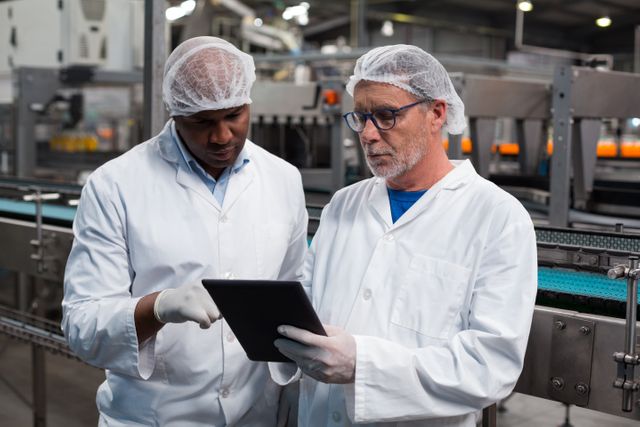 Two factory engineers discussing over digital tablet in the drinks production plant