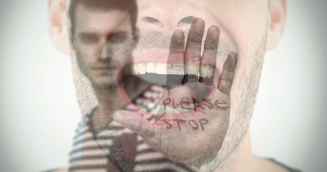 This image depicts a conceptual representation of a man dealing with inner turmoil and anxiety through a double exposure technique. One can see an overlapping image of a man's distressed face appearing inside another image of a man's open mouth with 'Please Stop' written on his hand. This powerful visual can be used in mental health awareness campaigns, articles, and blogs about emotional challenges or psychological advice, or for artistic projects highlighting inner struggles.