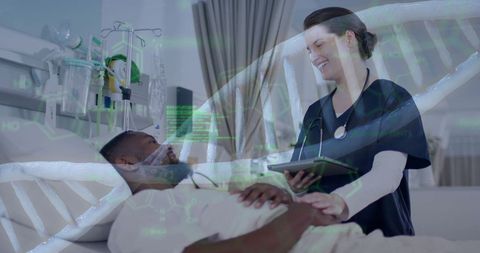 Doctor assists patient with dna overlay in hospital room