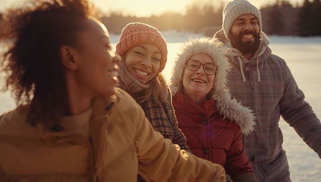 Joyful Group Enjoying Snowy Sunset in Winter Attire