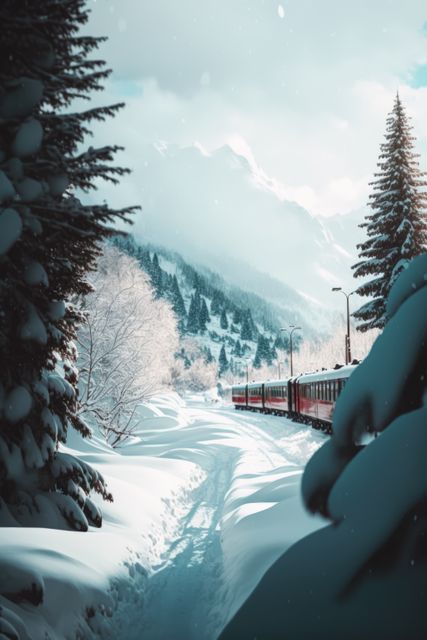 Scenic winter landscape with train in mountains, created using generative ai technology. Winter snow scenery, travel and beauty in nature concept digitally generated image.