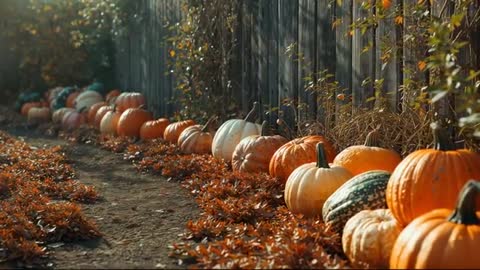 Rustic Pumpkin Display along Autumn Pathway Celebrates Fall