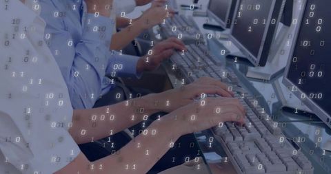 Office Employees Coding Desktop Computers Binary Code Overlay