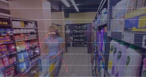 Blurred shopper walking down grocery aisle with retail analytics overlay and sales chart