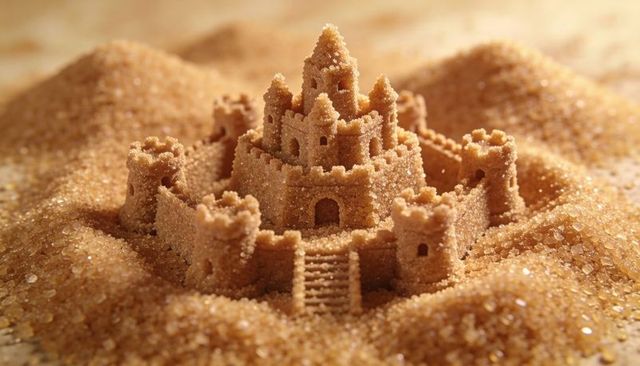 Miniature brown sugar castle sparkling in warm light with turrets and stairs