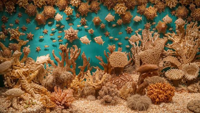Carved Coral Reef Diorama Depicting Wooden Fish, Turtle and Detailed Marine Sculptures