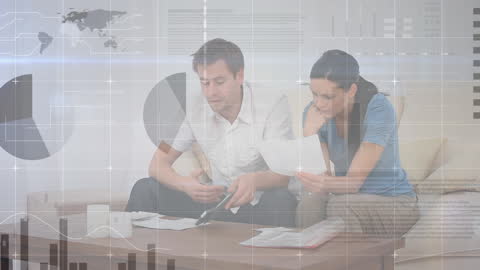 Stressed Couple Calculating Finances with Statistical Data Overlay