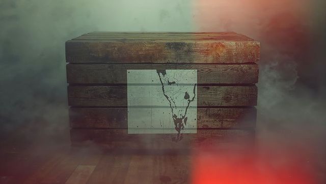 Mysterious Wooden Crate with Abstract Map and Atmospheric Mist