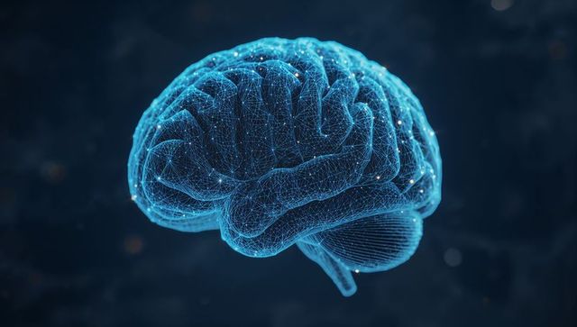 Glowing Wireframe Brain Model with Neural Nodes in Virtual Space