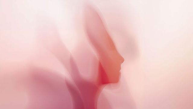 Translucent profile silhouette in peach pastel layers, abstract serenity for wellness and calm