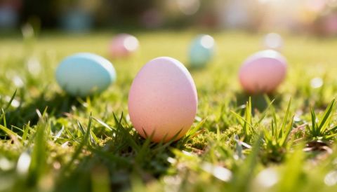 Pastel easter eggs lying on sunlit grass with soft bokeh spring light, outdoor decor