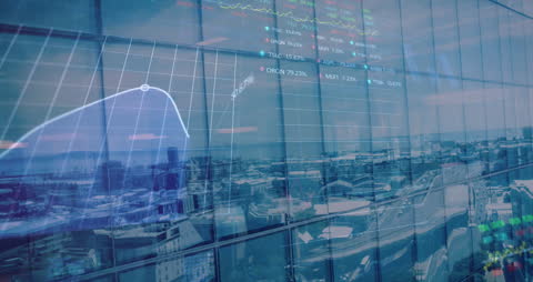 Stock Market Data Overlay on Urban Skyline