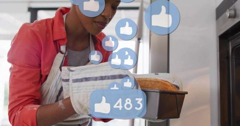 Home baker pulling golden loaf from oven with mitts, social media likes overlay for content