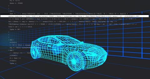 Futuristic wireframe car model with code overlay in cyber studio