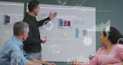 Professional discussing app design in modern office setting